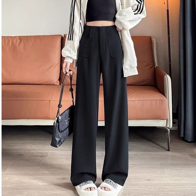 Black Wide-Leg Pants for Women 2026 High-Waist Draping Premium Suit Pants, Casual Floor-Length Narrow Straight-Leg Trousers for Spring/Fall