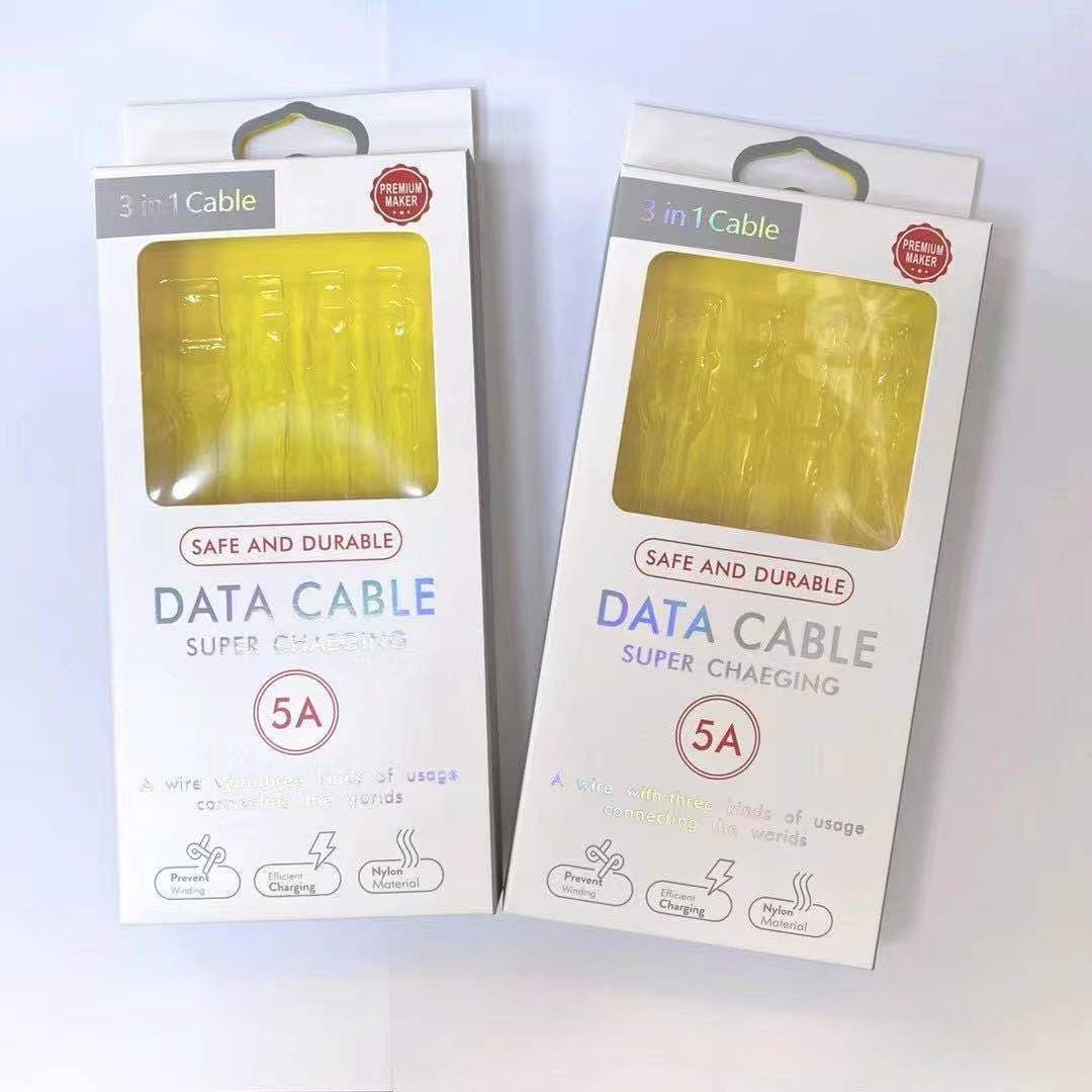 Universal new packaging for 3A fast charging cable with 3-in-1 color box and 5A fast charging cable with 3-in-1 round head box.
