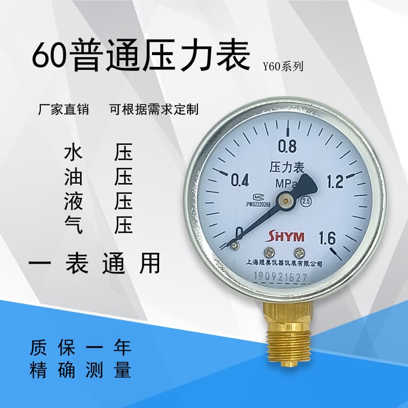 Y60 Standard Water Pressure, Air Pressure, Steam Pressure Gauge, Boiler Pressure Gauge, 1.6 2.5Mpa, Factory Direct