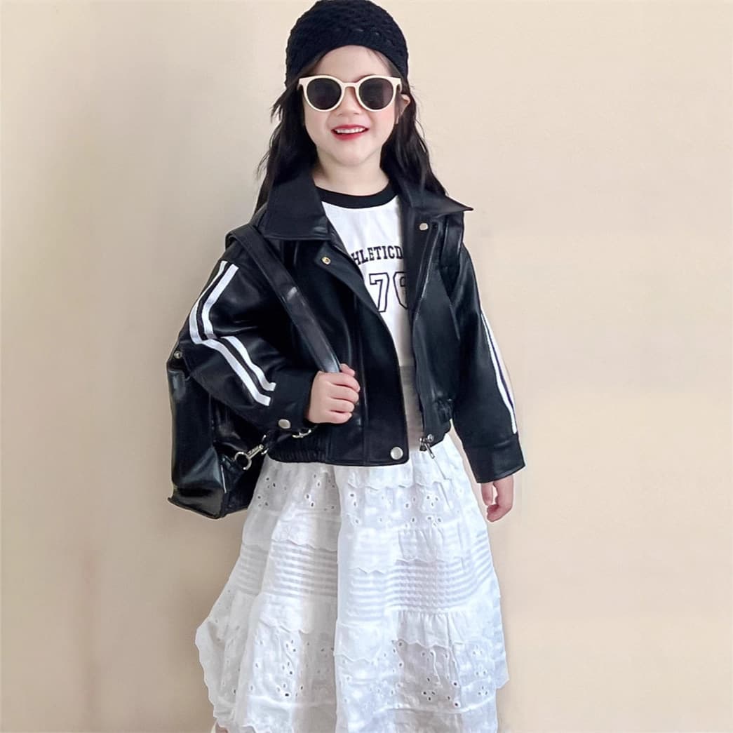 Korean children's clothing for girls, American school retro webbing splicing pu leather casual jacket with lace skirt foreign trade