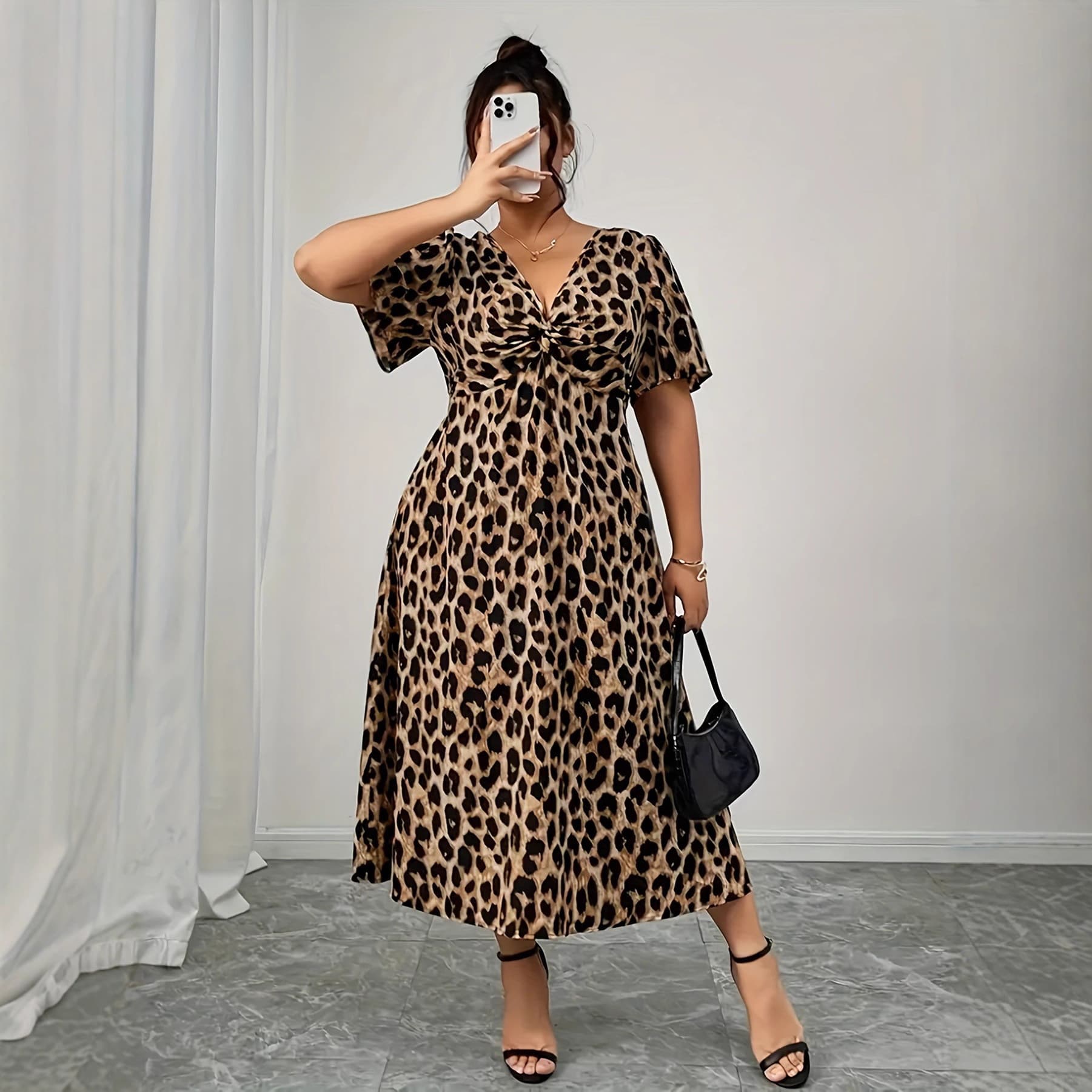 New European and American Amazon A-line leopard print women's retro twist midi plus size dress