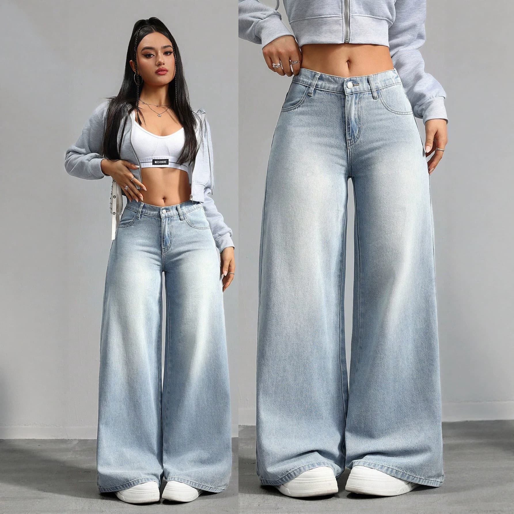 European and American Light Blue High-Waist Wide-Leg Jeans for Women, Flowing Loose Fit, Slimming Floor-Length Straight-Leg Pants, Trendy Denim Trousers