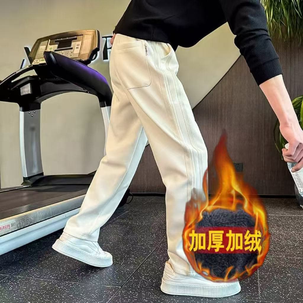 Men's Autumn Winter High-End Fashion Striped Sweatpants, New Style Trousers, Fleece-Lined Loose Straight-Leg Knife-Cut Pants