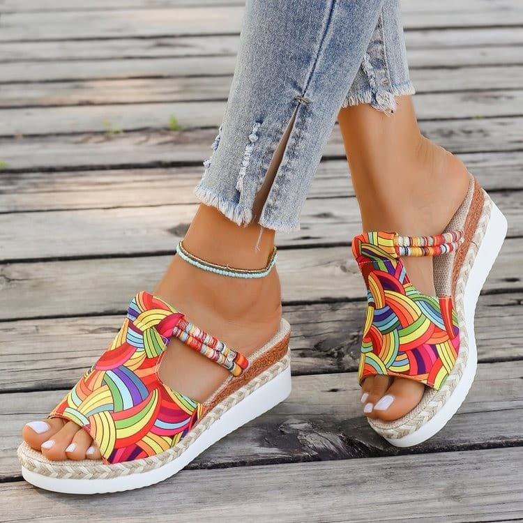 In Stock Cross-border Trade 2025 New Style Sandals Platform Thick Sole Floral Colorful Lightweight Casual Women's Shoes Peep Toe Chunky Heel