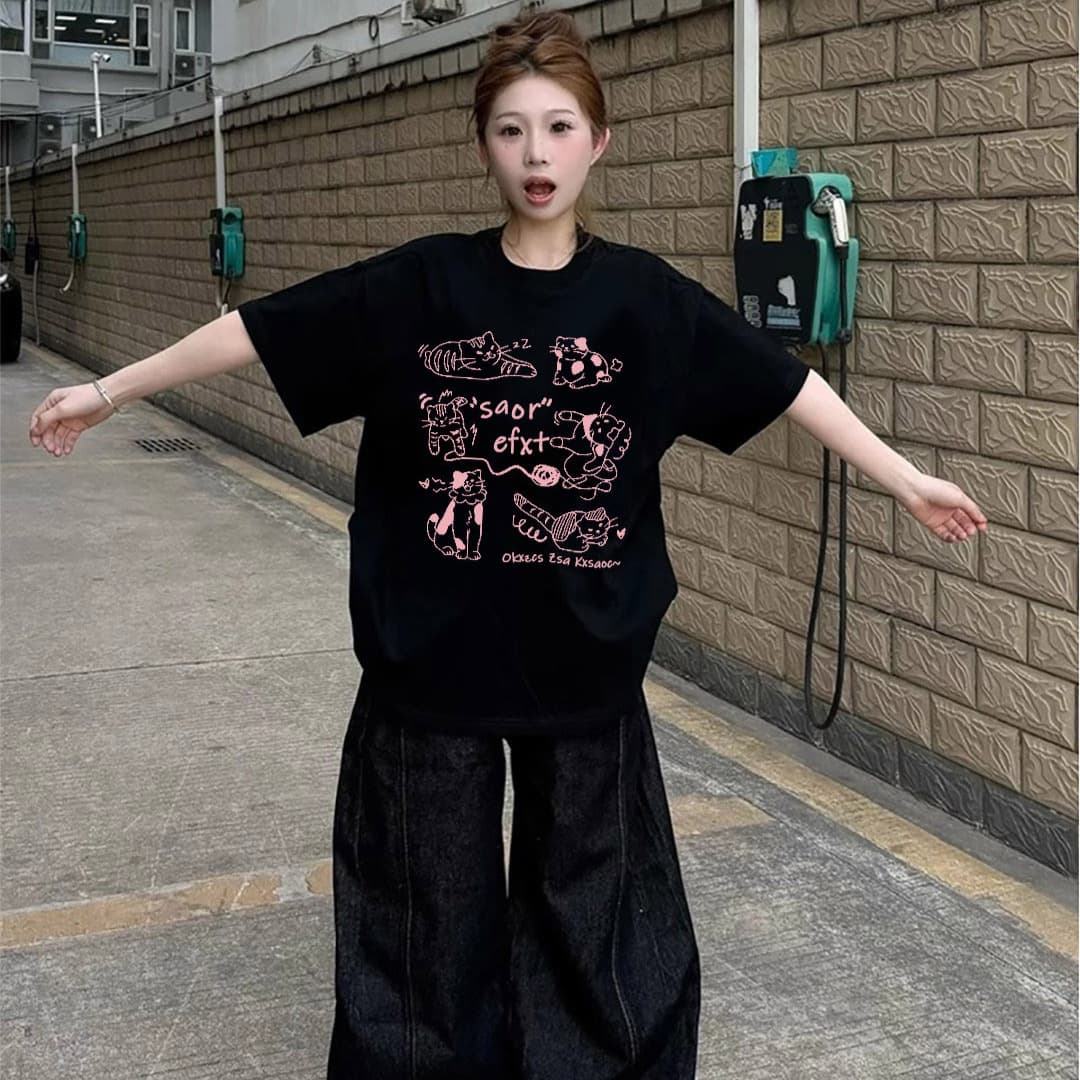 2026 spring and summer new sweet girl Korean Mary Jane ins niche right shoulder cat print black loose short-sleeved T-shirt