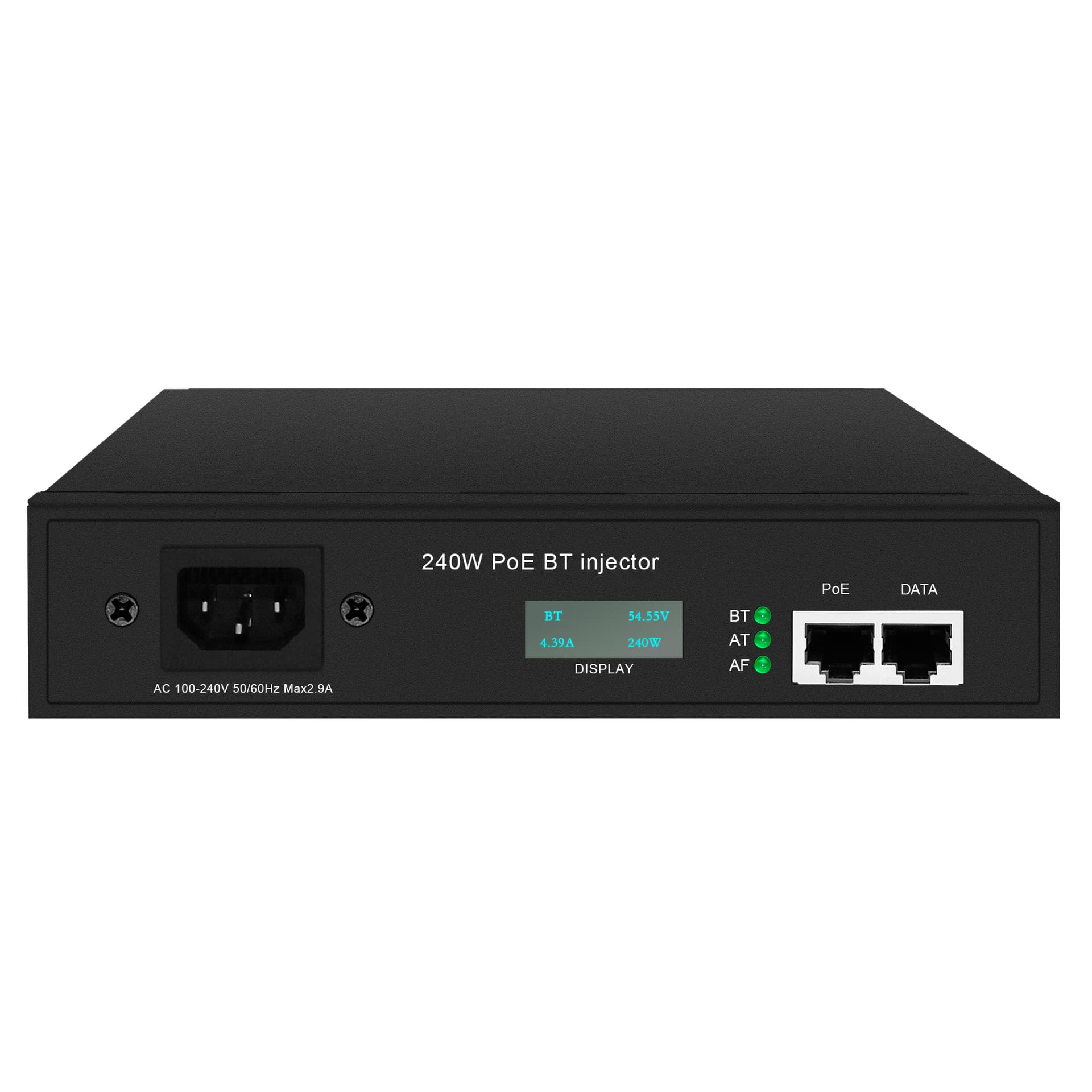 PoE Plus 240W standard PoE injector with digital display, 1000/2500M, AC100-240V input