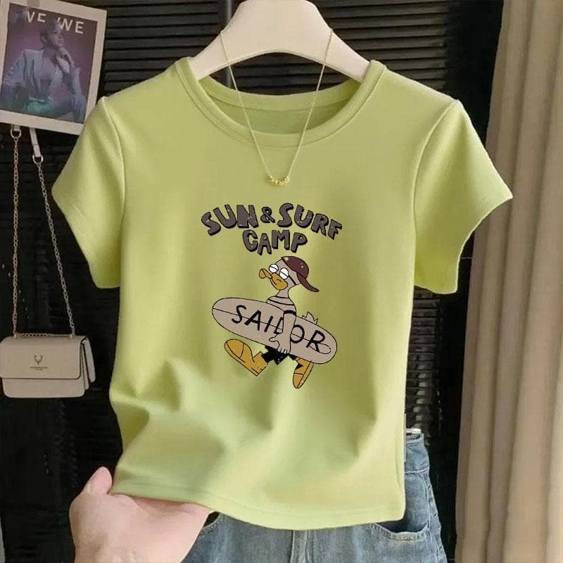 Stylish, trendy, cartoon cute print Japanese ins style round neck short sleeve top summer cropped Korean women's