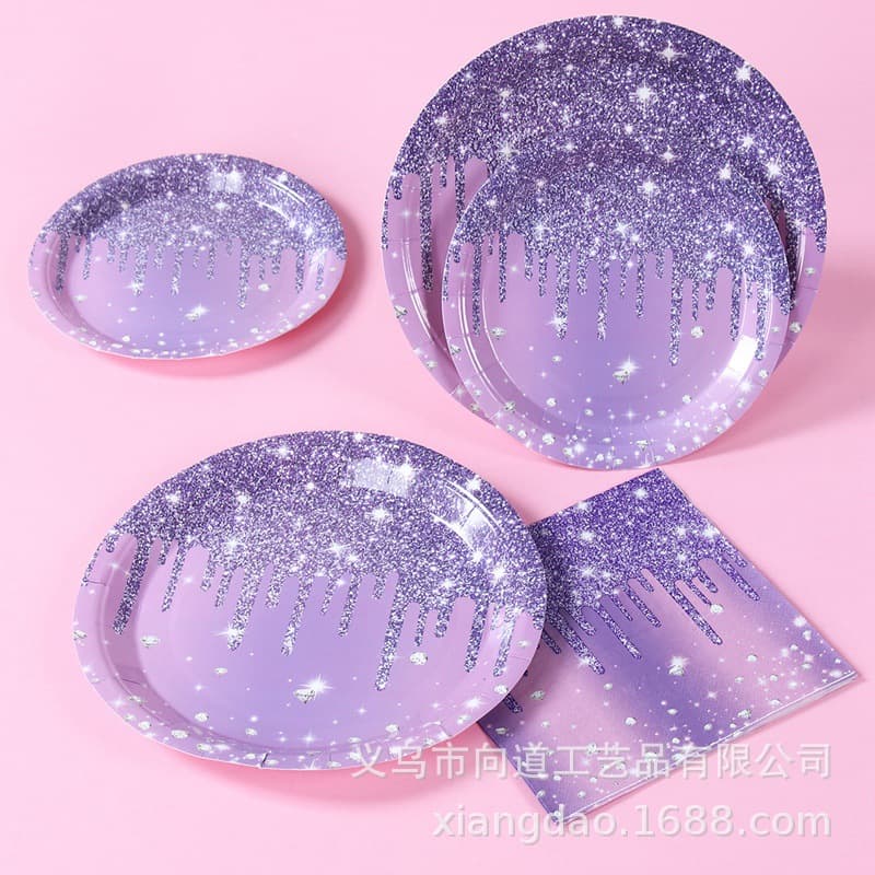 Purple Gradient Diamond Theme Party Tableware Set Birthday Party Decoration Supplies Holiday Gathering Paper Plates Napkins