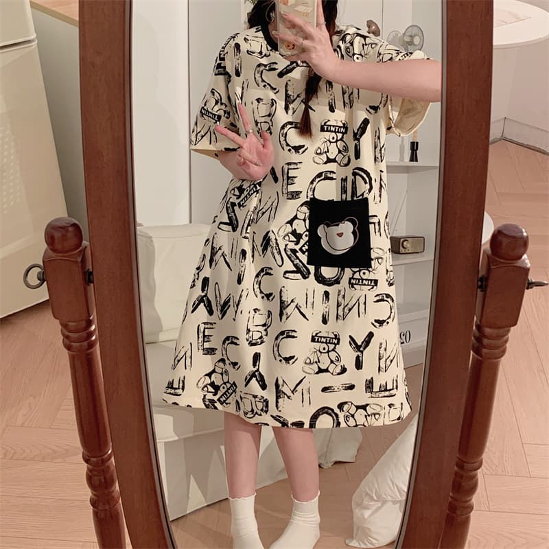 Summer 2024 New Jieyang Cute Pajamas Women Plus Size Cartoon Short Sleeve Nightgown Maternity Wearable Loungewear