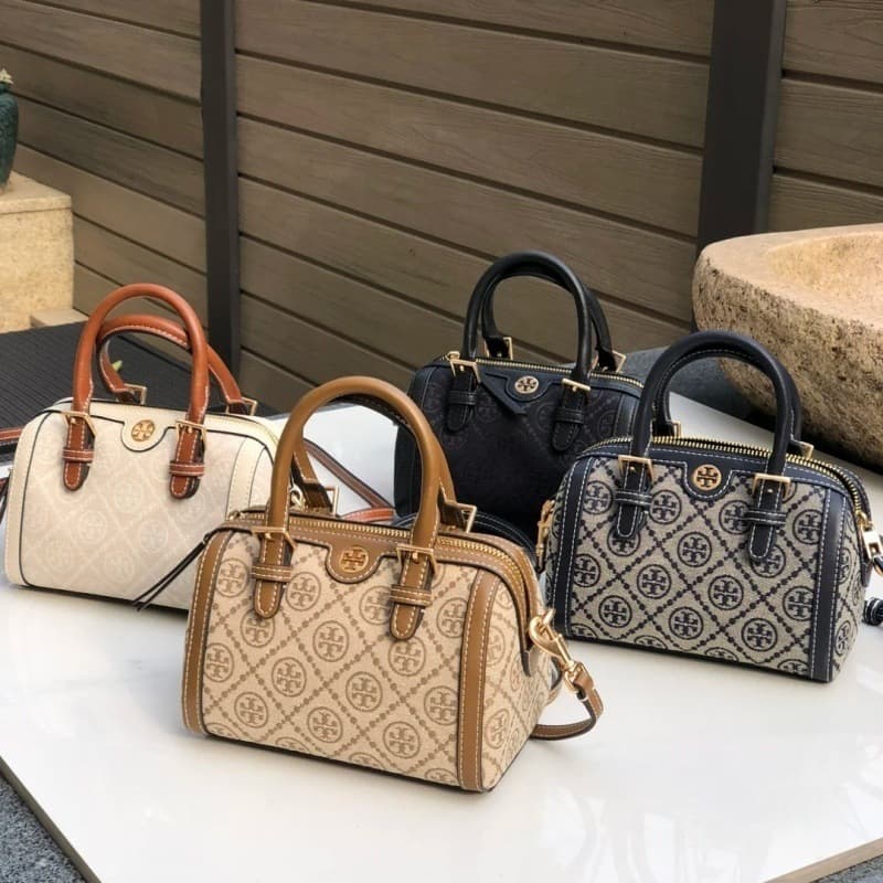 Tortyburch 2025 New Monogram Handheld Boston Pillow Bag Barrel Bag Versatile Shoulder Crossbody Women's Bag