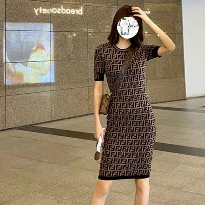 Official Image Ice Silk Letter Thin Knit Short Sleeve Women's Dress Pullover Bodycon Summer New Style Elegant Dress