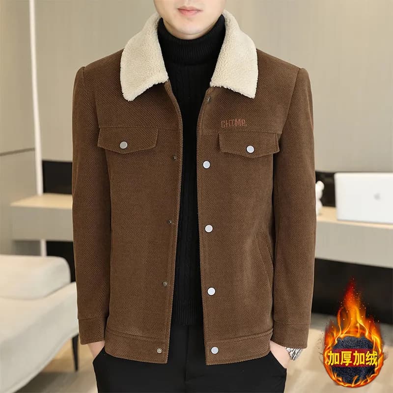 Men's Autumn/Winter Turn-Down Collar Jacket, Solid Color with Faux Fur Collar, Arctic Fleece Woolen Coat, Thickened Warm Middle-Aged Coat