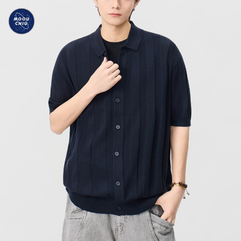 Muqiu Men's Wear | Men's Short-Sleeve Polo Shirt with Cardigan Collar, Vertical Stripes, Old Money Style Half-Sleeve T-Shirt