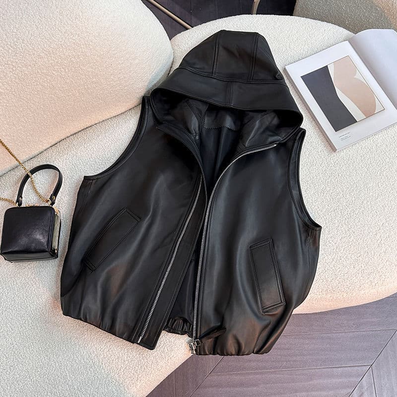 European-style Hooded Leather Vest Short Jacket for Women, Loose Fit, Slimming, Thin Style for Fall, New Casual Vest for Petite
