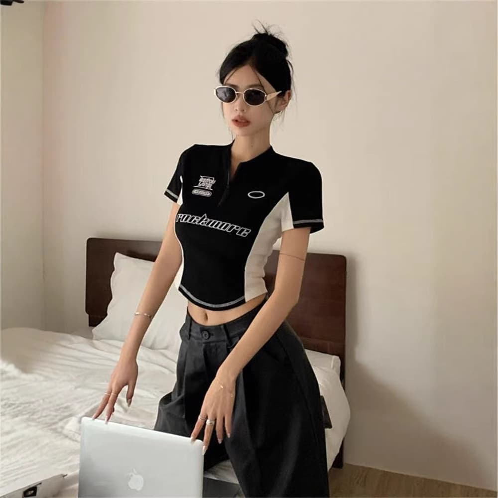 New cross-border foreign trade special for functional wind splicing and contrasting colors, versatile short-sleeved summer zipper tops, slim fit for hot girls