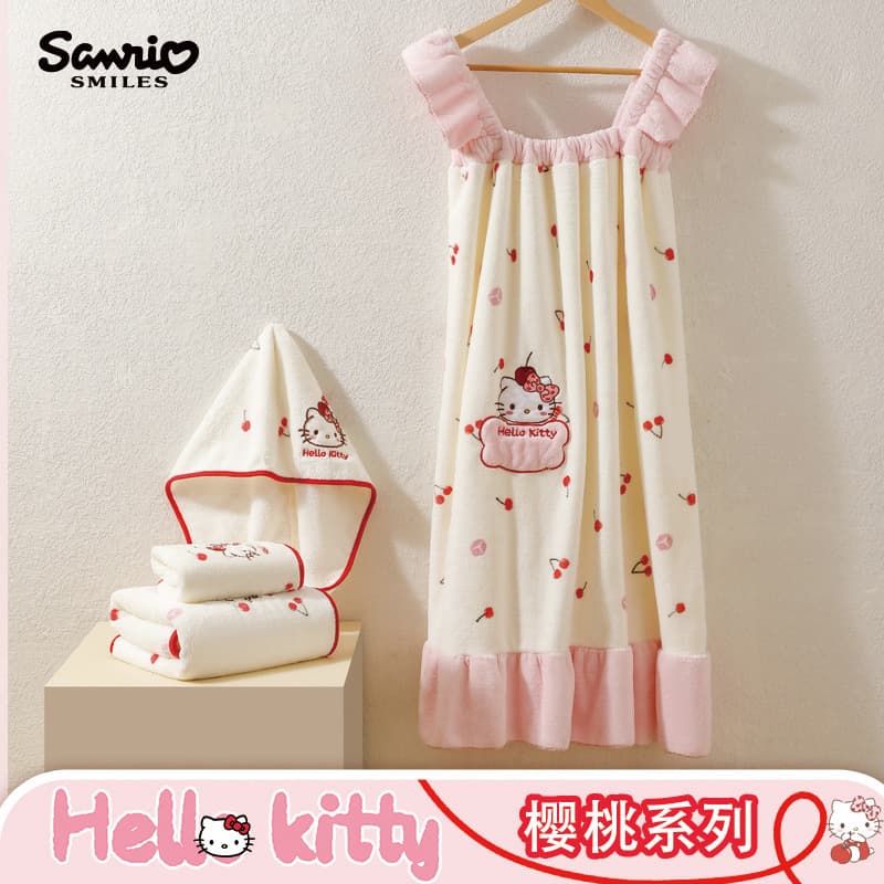 Cherry KT cat bath skirt coral velvet bathing wearable bath towel student nightgown kitty cat bathrobe style