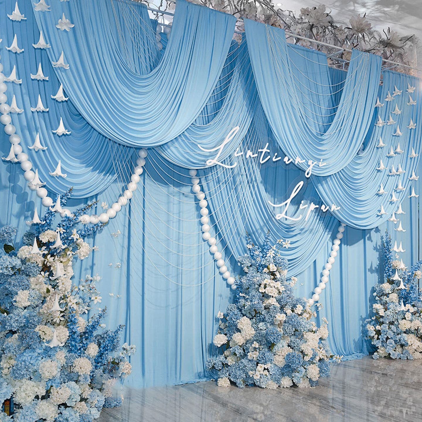 Wedding Blue Milk Silk Backdrop Fabric Curtain Cool Minimalist Wedding Decoration Drapes Blue Wedding Setup