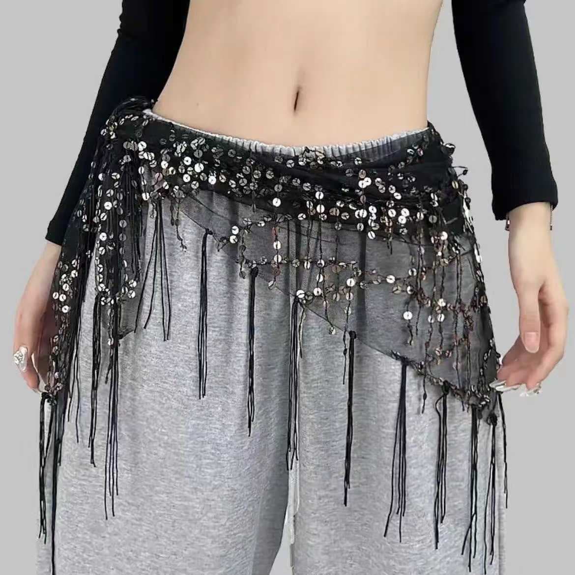 New cross-border spot goods, trendy jazz dance hip scarf, street dance waist chain accessory, sequined tassel belt scarf, versatile.