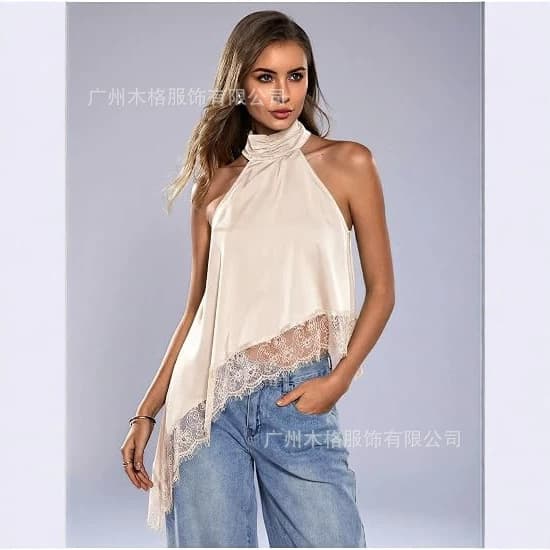 2026 cross-border women's satin halter top with lace decoration asymmetric hem tank top sleeveless