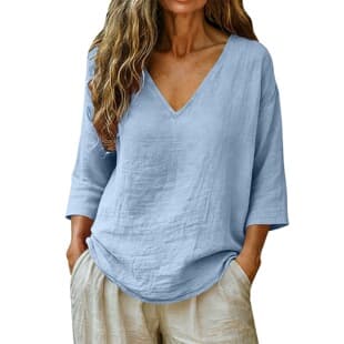 Cross-Border Europe/America 2026 Amazon Spring/Summer New Women's Casual Loose Fashion Slub Cotton Medium Sleeve V-Neck Top