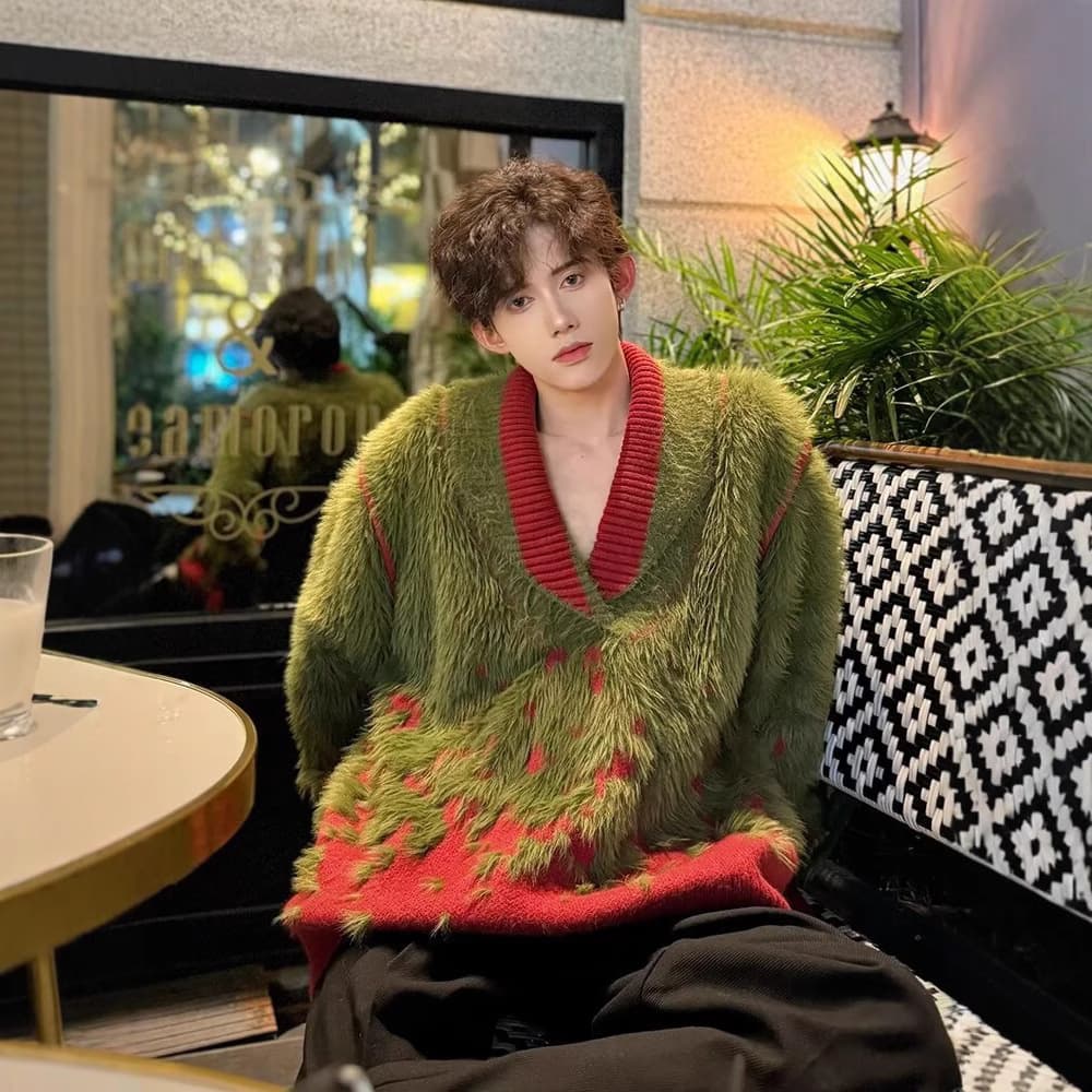 New Winter Trendy V-Neck Knit Sweater for Men and Women 2024 American Retro Casual Couple Cardigan