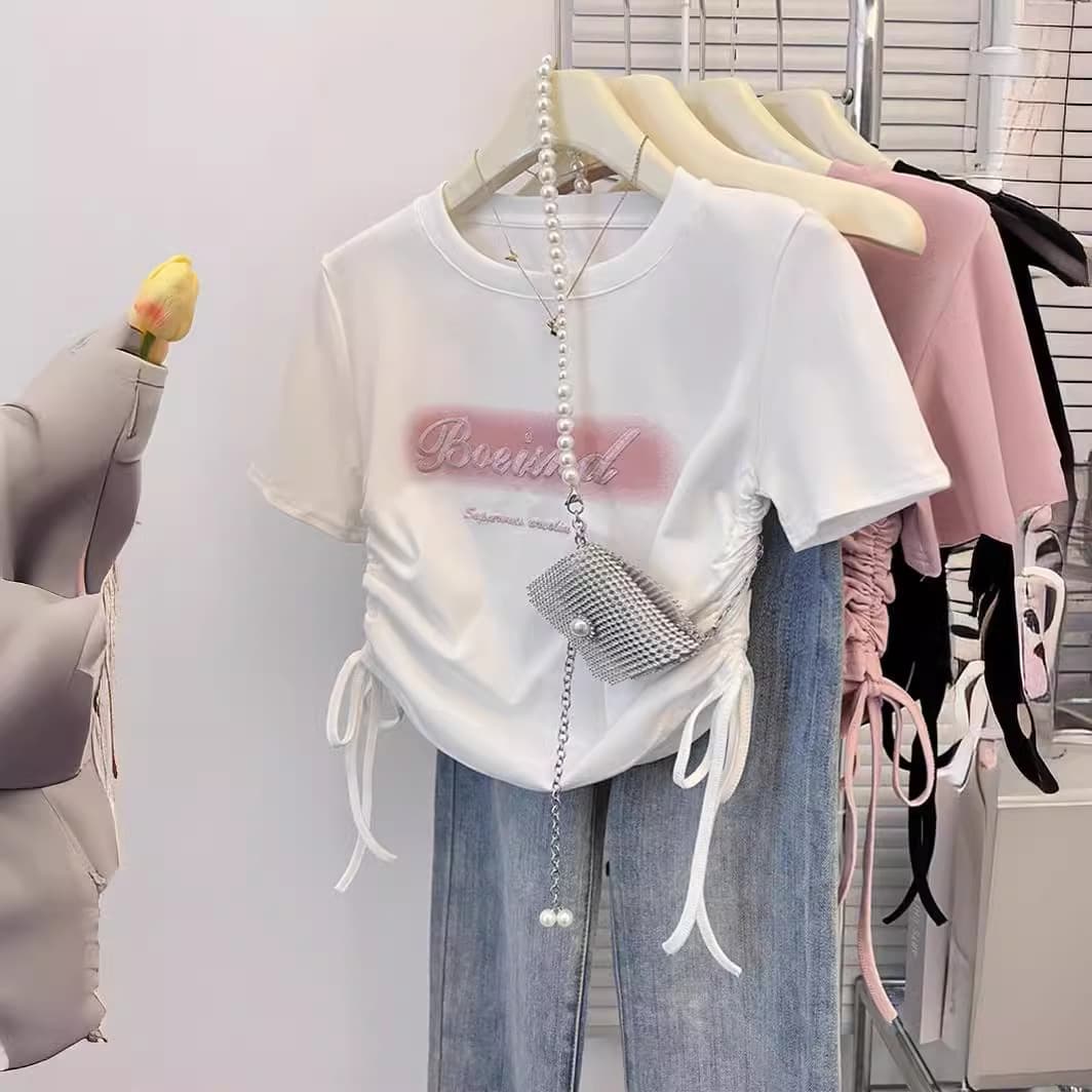 American-Style Regular Shoulder Short-Sleeve T-Shirt for Women, 2025 Summer New Ice Silk Slim-Fit Short Drawstring Top for Girls