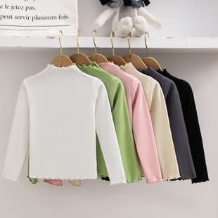 [Factory Wholesale] Girls' Base Layer Top for Fall/Winter 2023 New Style, Kids' Trendy Ruffle-Trim Solid Long-Sleeve T-Shirt