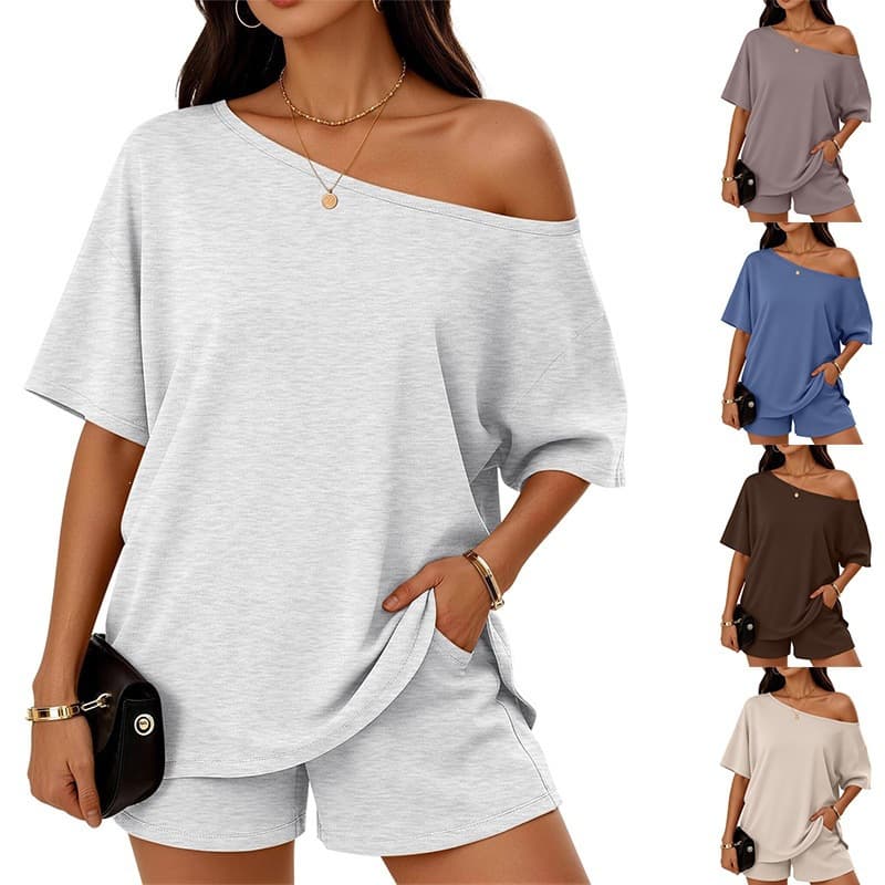 26 Summer New Style European and American Amazon Foreign Trade TK Women's Clothing 2-piece Fashion Casual Slant Collar Top Shorts Set