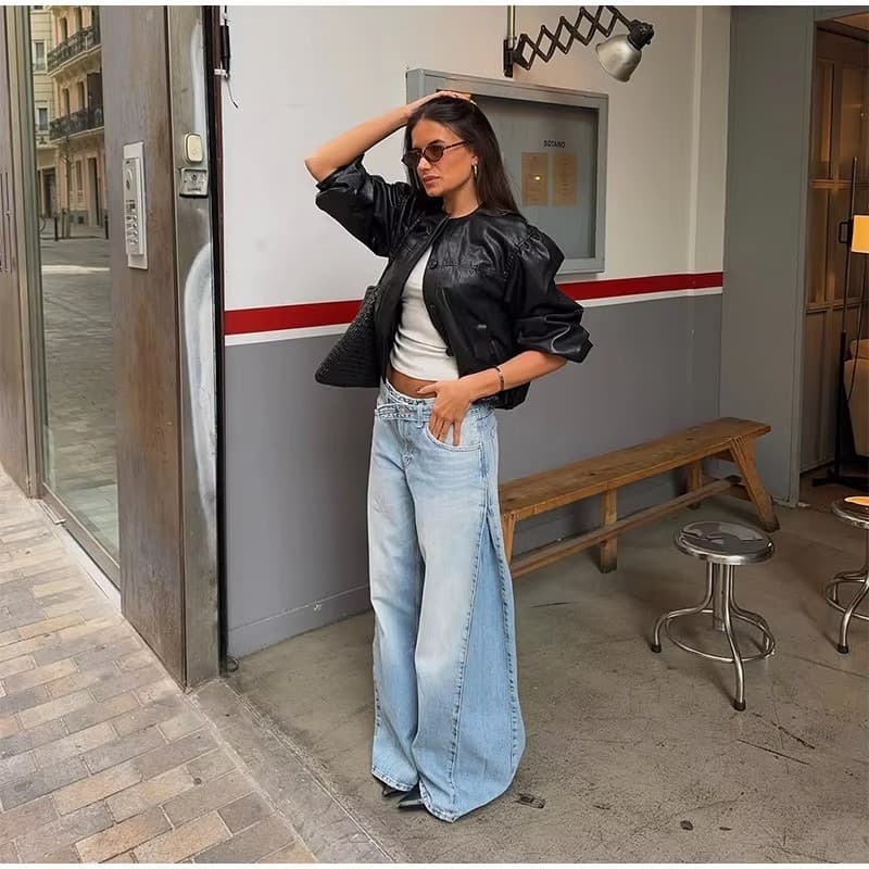 Cross-border Women's Y2K Blue Denim Belt Loose Straight Leg Jeans Wide Leg Pants Export Ins Style