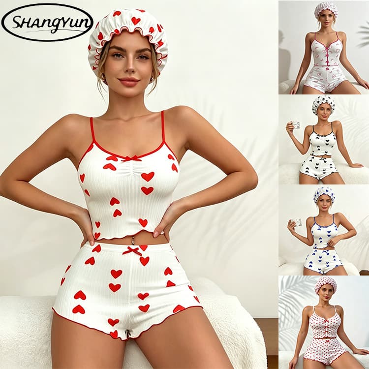 Cross-border Women's Pajamas Heart Print Camisole Set with Shower Cap Ribbed Knit Loungewear Wholesale