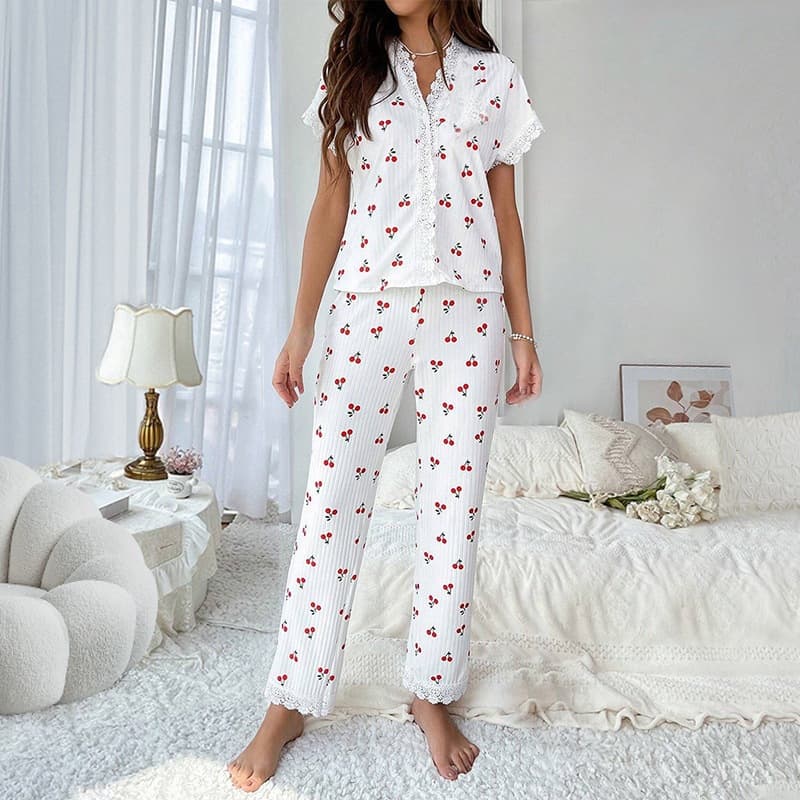 European and American Cross-Border Hot Selling Women's Loungewear Cherry Print Long Sleeve Lapel Sleepwear Wear-Out Pants Two-Piece Set