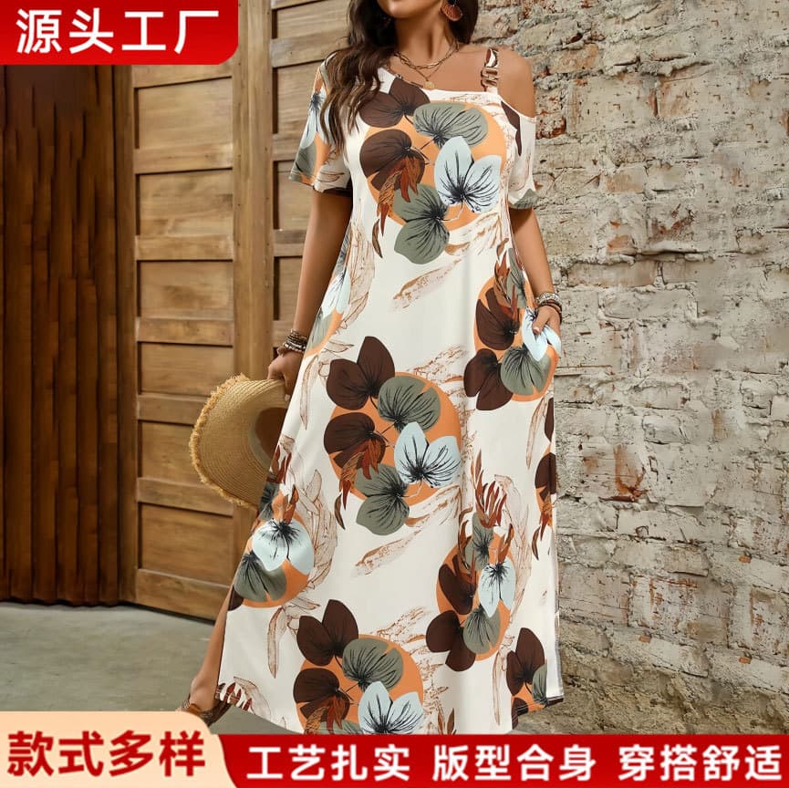 Plus Size Women's Summer New Floral Print Dress, European and American Style, Long Floral Pattern Beach Dress for Amazon
