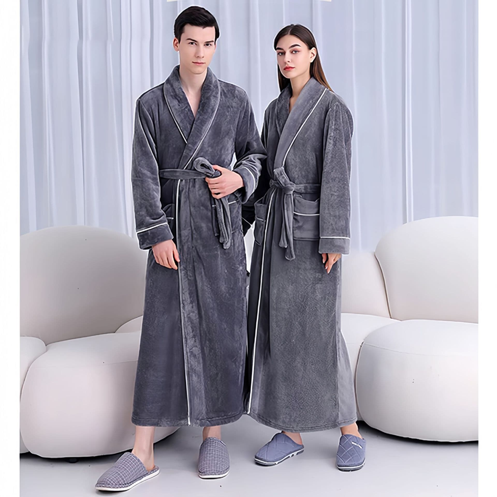 Thickened and longer flannel couple's nightgown for women's winter pajamas, bathrobes, men's autumn coral velvet home clothes