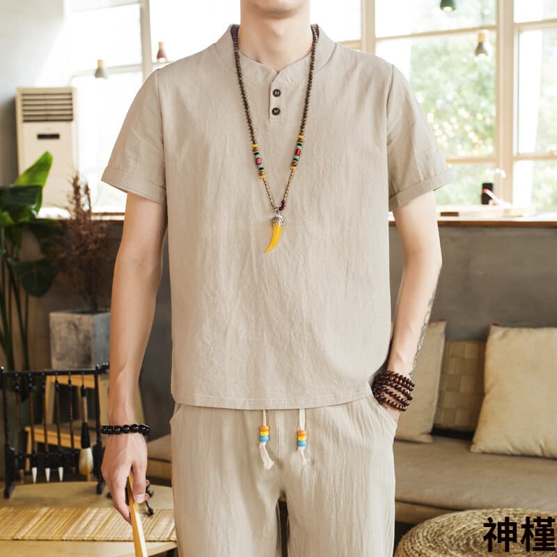 Summer Chinese Style Cotton Linen Short Sleeve Set for Men, Big Size Retro Tang Suit, Hanfu, Layman Suit, Tea Ceremony Outfit, Tai Chi Clothing