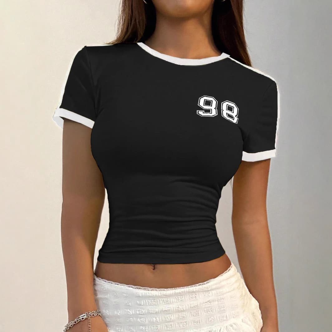 European and American Sexy Slim Fit Short Crop Top with Letter Print, Summer New Arrival Women's Clothing
