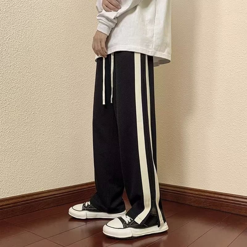 Striped Side Slit Men's Pants Summer Straight-leg Wide Leg Dragging Ground Casual Trendy Loose-fit High Street Style