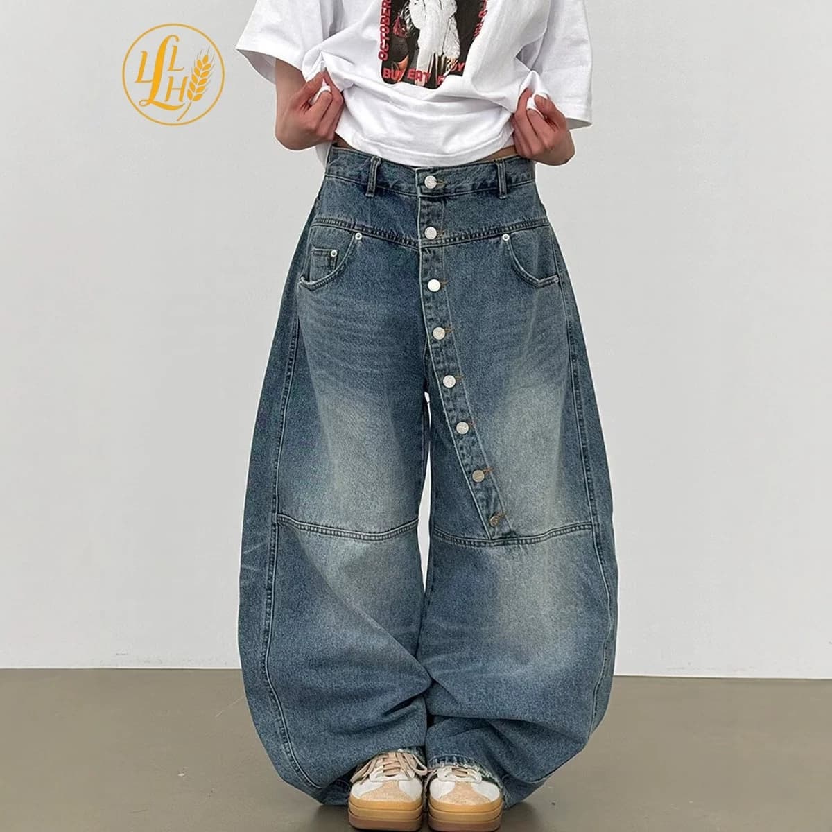 American Retro Washed Deconstructed Design Jeans for Men, Summer Rogue Style Loose Straight Wide Leg Curved Knife Pants