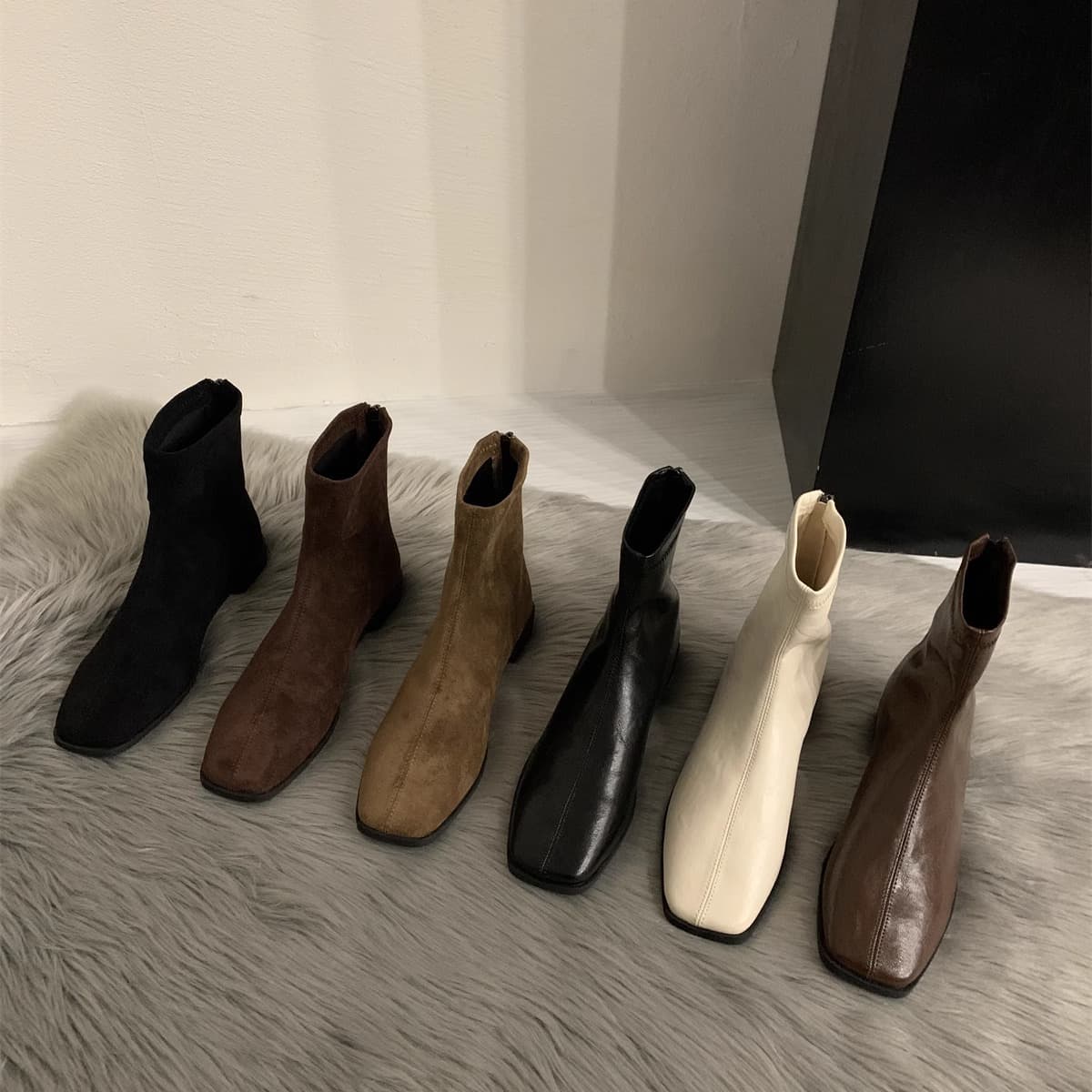 2024 Autumn/Winter New Minimalist Soft Leather Square Toe Versatile Low Heel Martin Boots Women's Back Zipper Flat Slim Ankle Boots