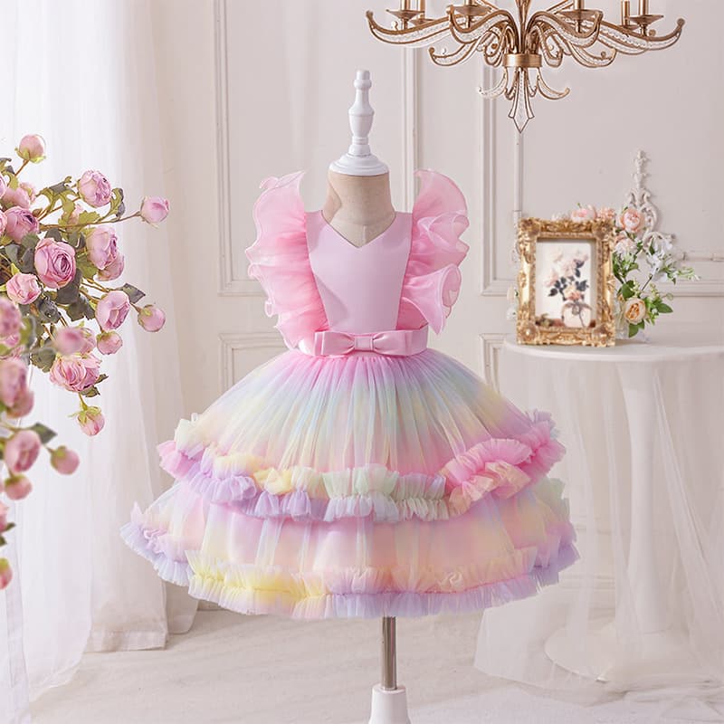 New European and American Princess Dress Tulle Printed Rainbow Flower Girl Wedding Dress Party Baby First Birthday Christening Gown