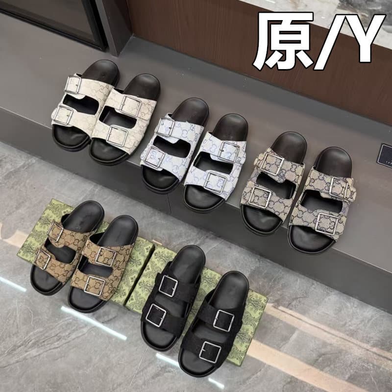 High Version G Brand Couple Matching Slippers Fashion One-Strap Buckle Beach Roman Sandals Embossed Sandals for Men