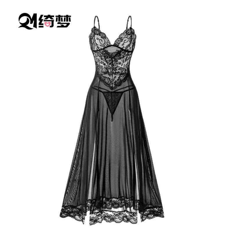 Cross-border Amazon winter lace thin sexy lingerie see-through sexy pajamas long suspender skirt women's thong