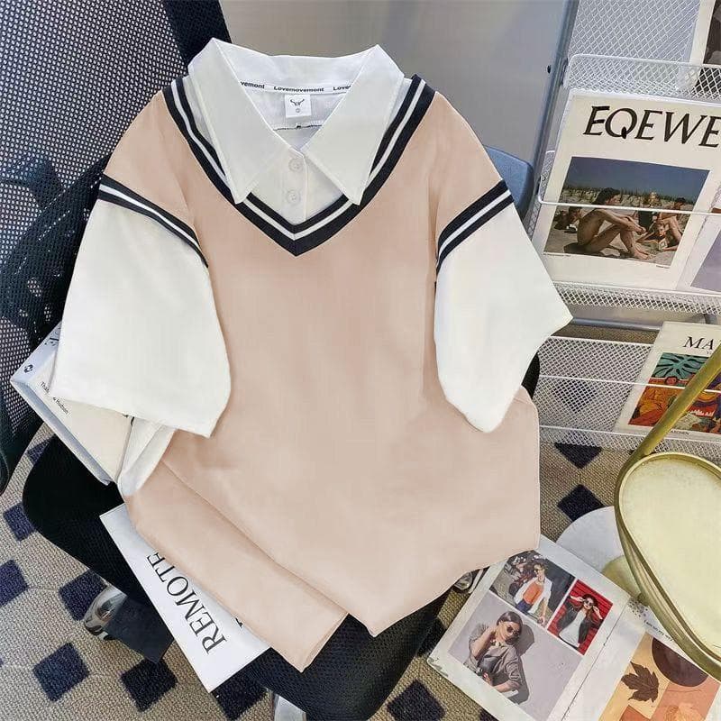 Plus Size Loose Fit Trendy 2026 Short Sleeve T-Shirt for Women, Faux Layered Winter New Design Polo Neck Top, Stylish Ins