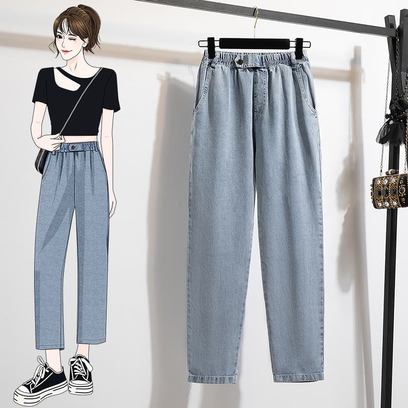 Real shot of Tencel denim nine-point pants for women summer 2026 new thin style ice plus size women's pants casual harem pants