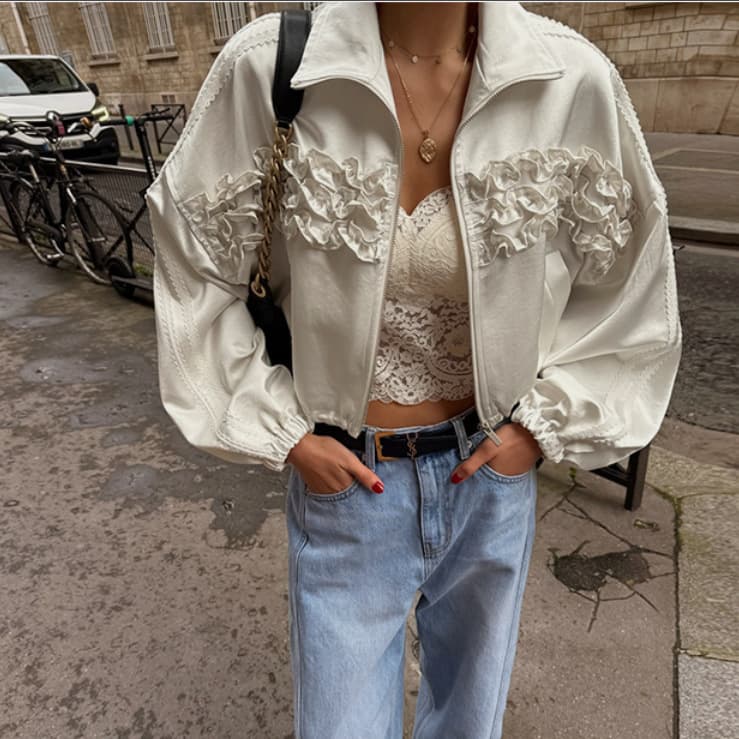 Korean Ins 2026 Early Spring Fashionable Ruffled Trim Zipper Drawstring Jacket Thin Coat for Women