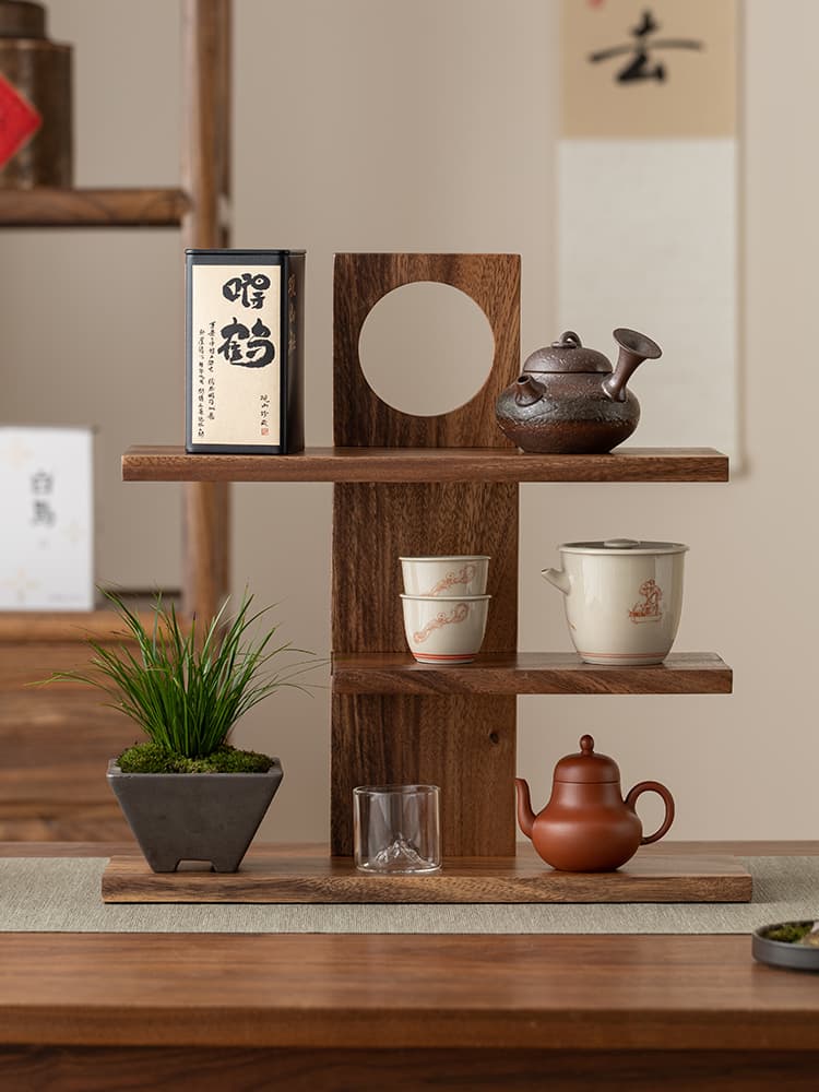 ✅ Desktop Curio Shelf Solid Wood Tea Utensil Stand New Chinese Style Tea Utensil and Teapot Storage Display Rack Walnut Storage Rack