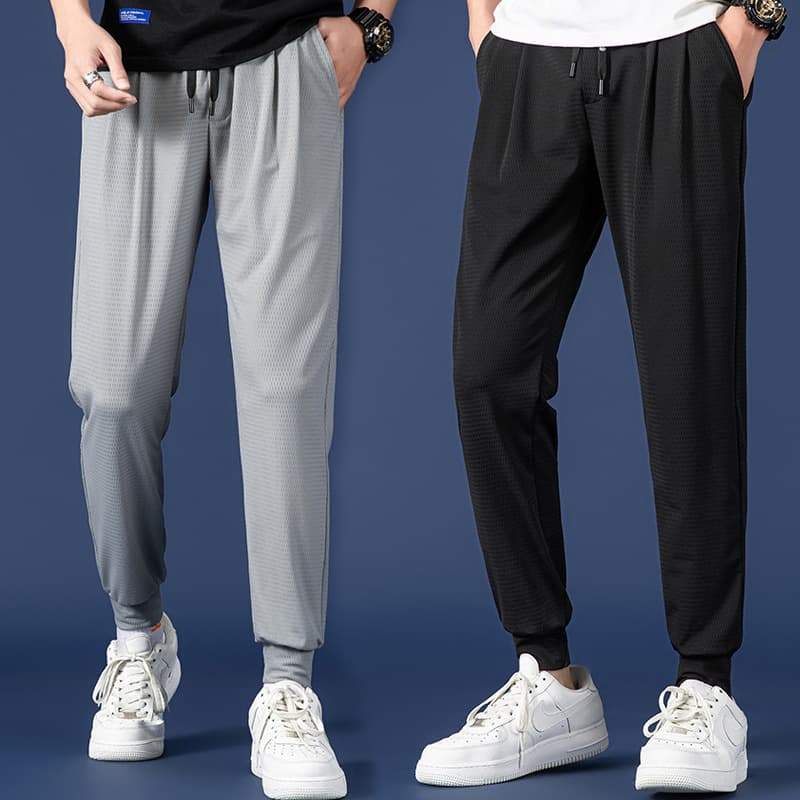 Mesh Ice Silk Pants Spring Summer Men's Loose Fit Large Size Elastic Cuff Breathable 9/10 Length Casual Pants Trendy Brand Men's Trousers