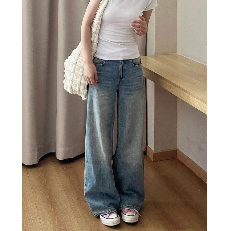 American Washed Simple Light Blue Straight-Leg Jeans for Women Ins Trend Autumn Loose Versatile Flowy Floor-Length Jeans