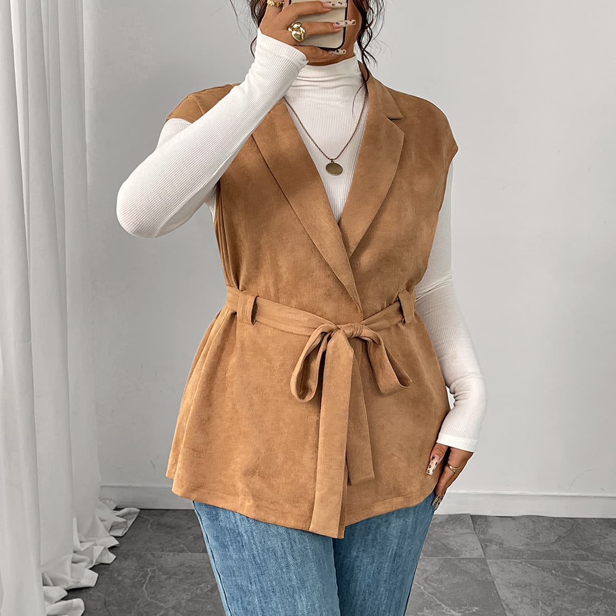 Amazon Early Fall New Solid Vest Women Plus Size Loose Fashion Sleeveless Tie Layering Vest