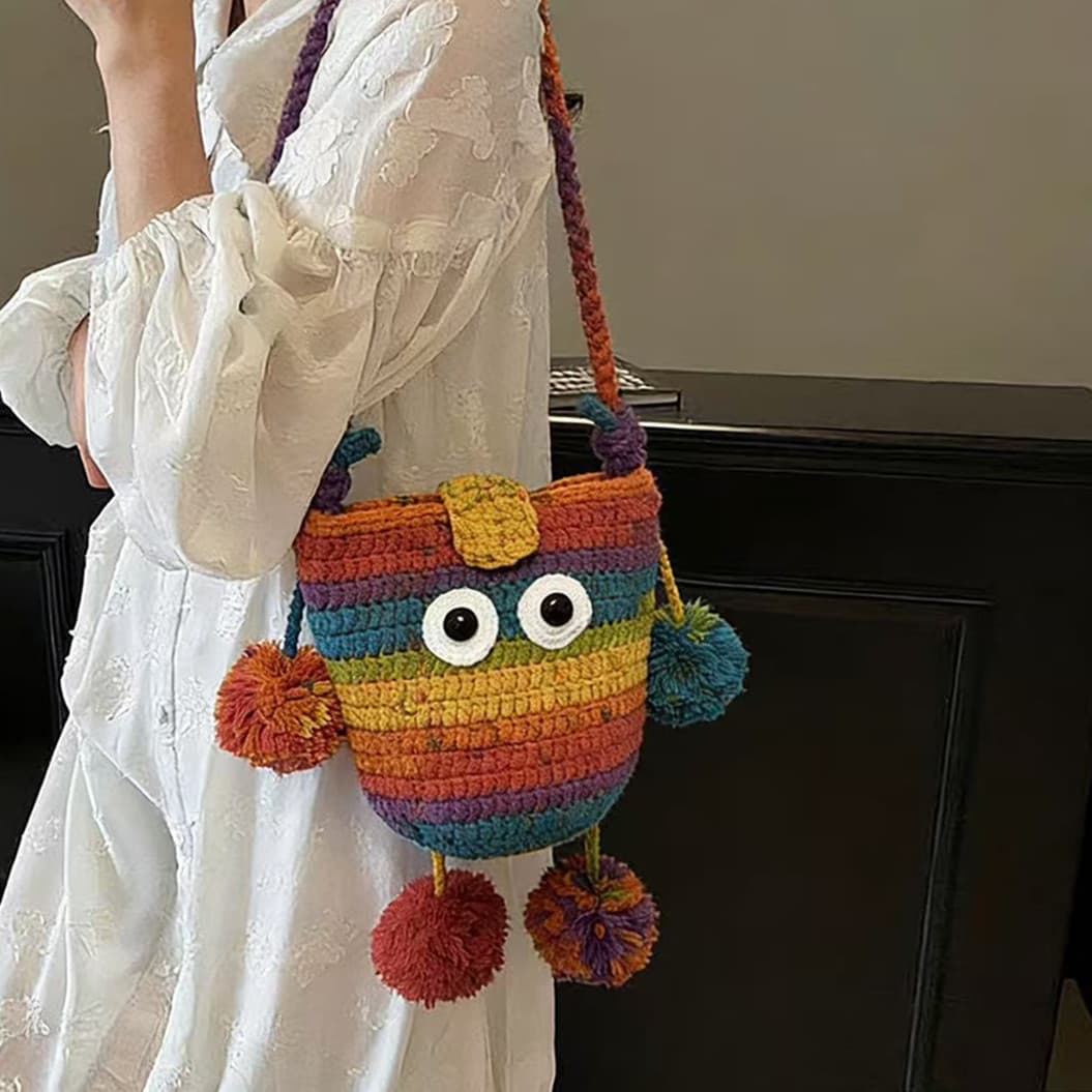 Hand Crocheted Little Monster Bag Phone Bag Yarn Woven Finished Bag Spring Summer Cute Crossbody Small Bag Cartoon Bag