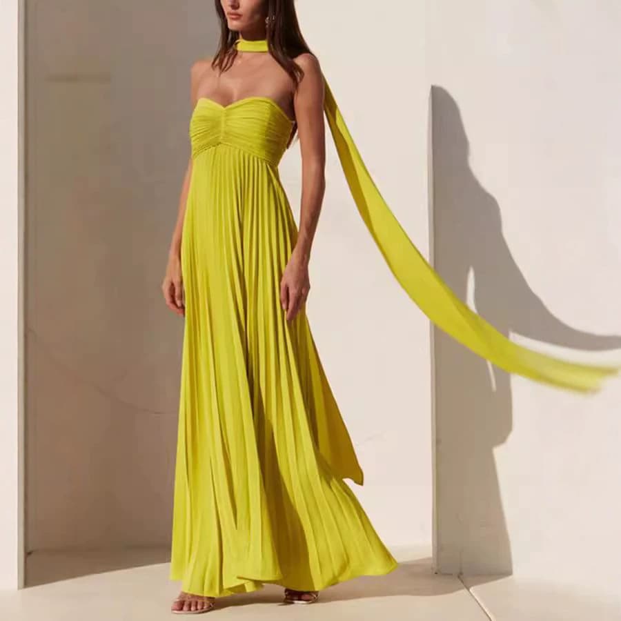 New Summer Cross-Border Women's Prom Dress with Pleated Design, Foreign Trade Fashion Light Luxury Evening Gown, Premium Long Dress